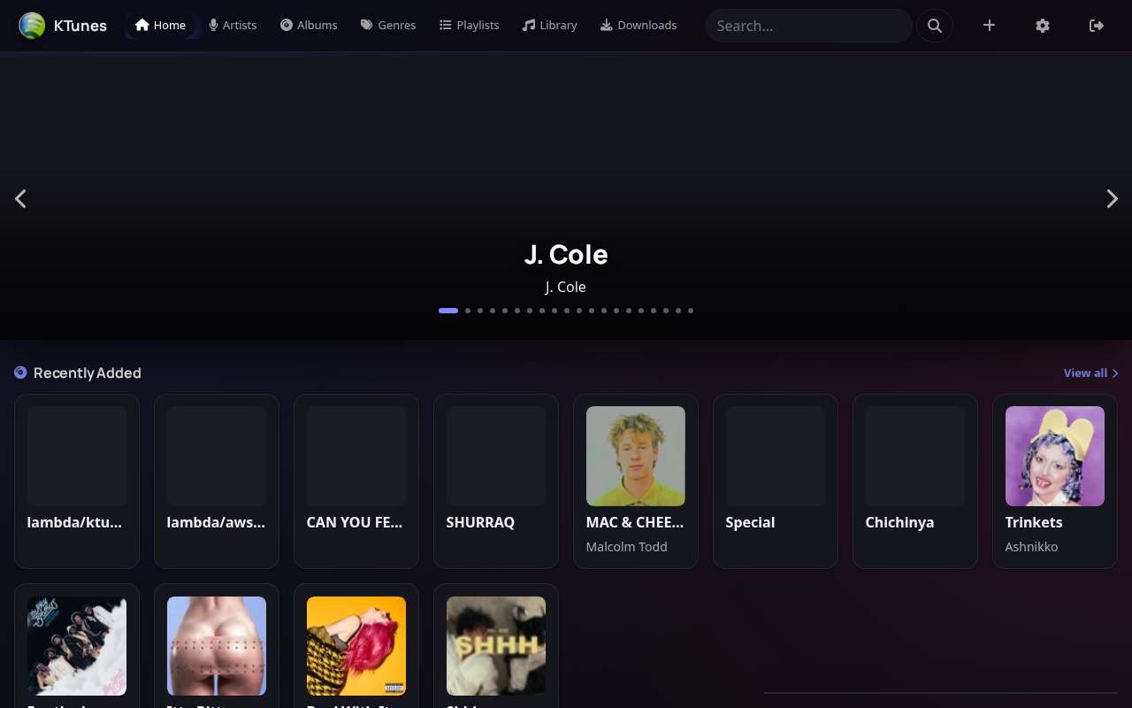 KTunes home dashboard