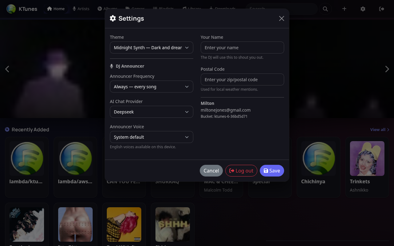 KTunes settings modal with DJ Announcer