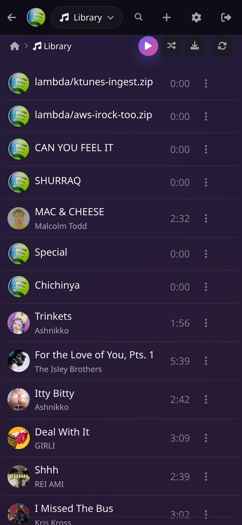 KTunes mobile track list